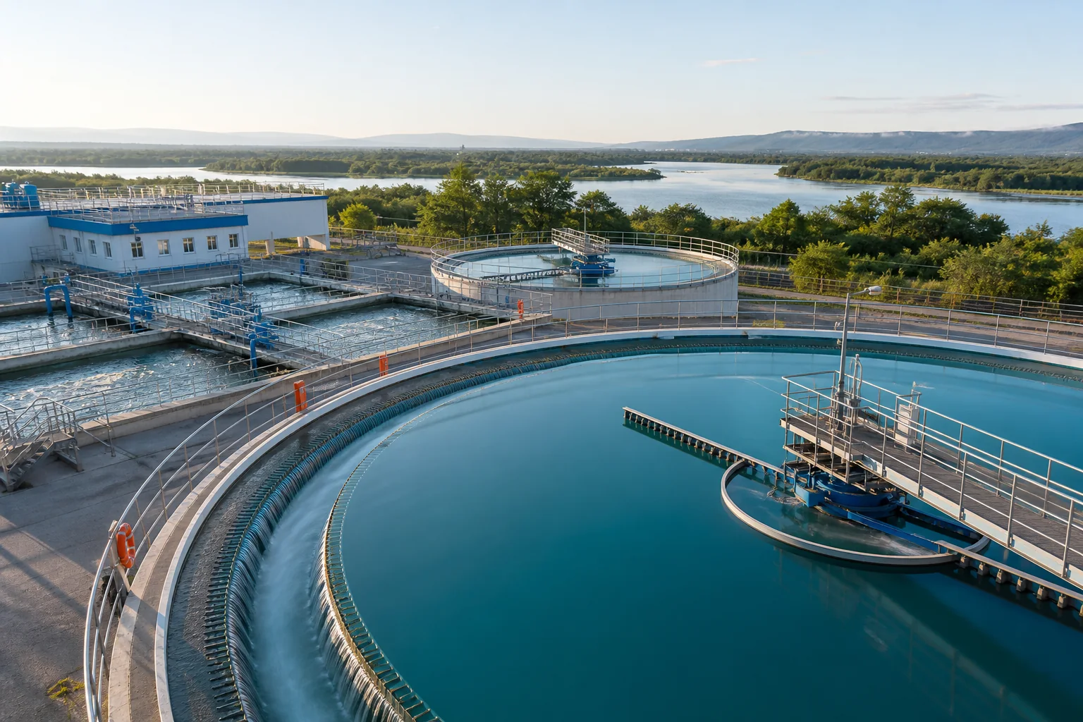 Circular raw-water clarifier and flocculation basins at a modern water treatment plant